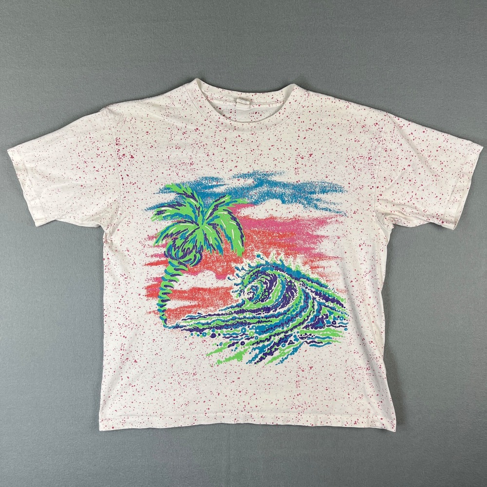 VTG Ocean Wave T Shirt‎ FIts Large 1990s Body Co Palm Tree Splatter Distressed